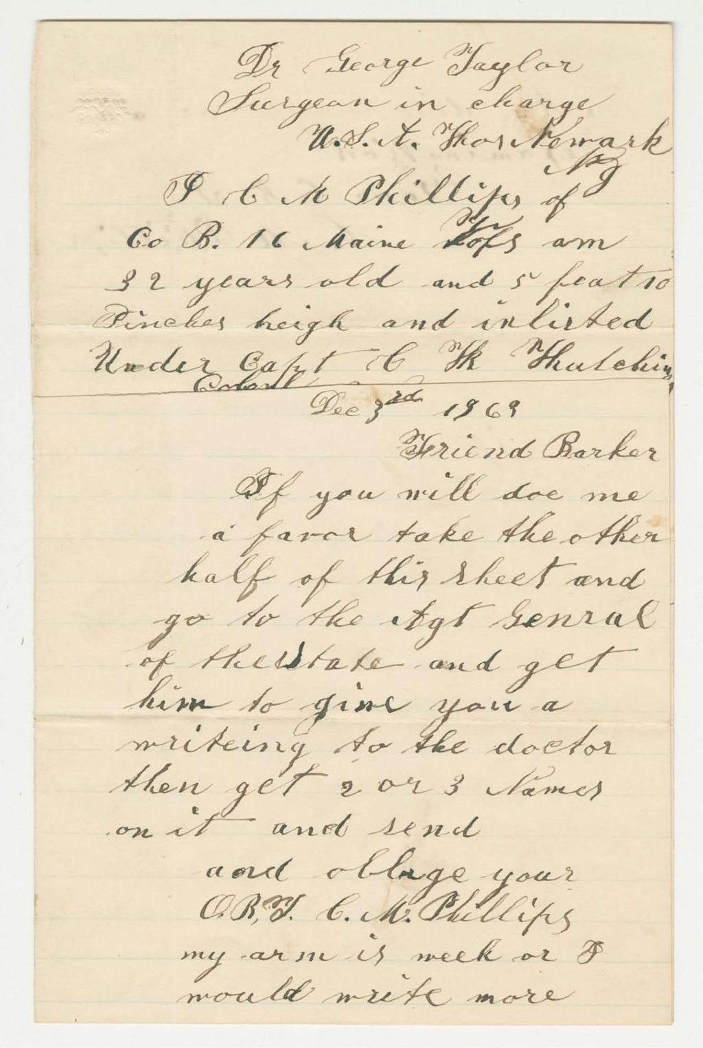 Miniature of Charles Phillips of Company B requests a discharge for wounds received