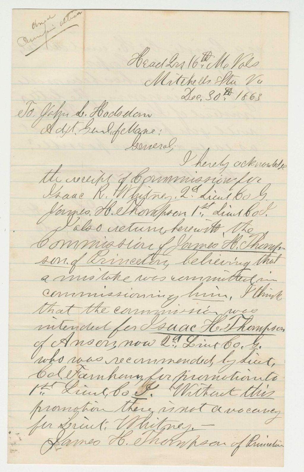 Miniature of Major Arch Leavitt acknowledges commissions
