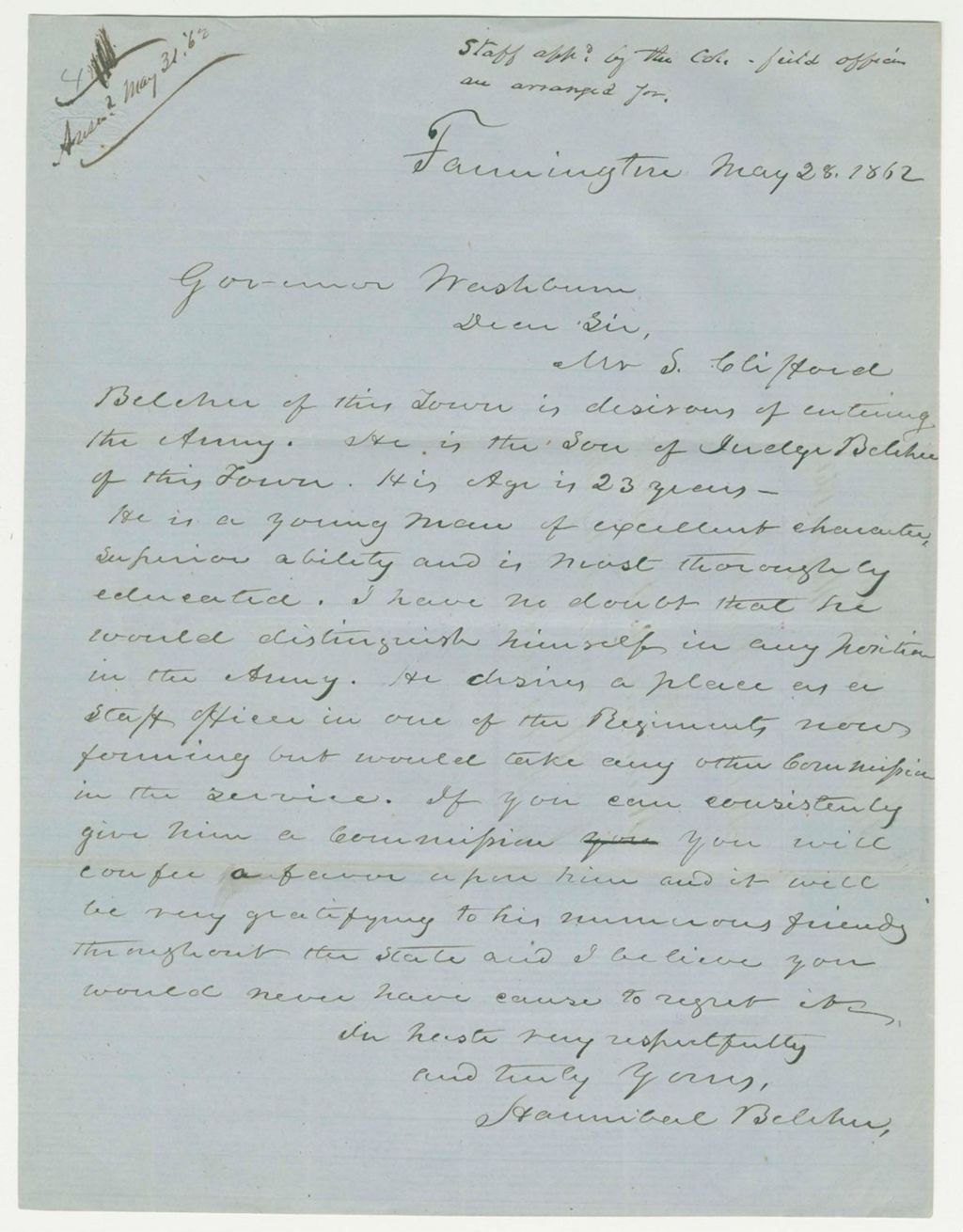 Miniature of Hanibal Belcher recommends Samuel Clifford Belcher for commission