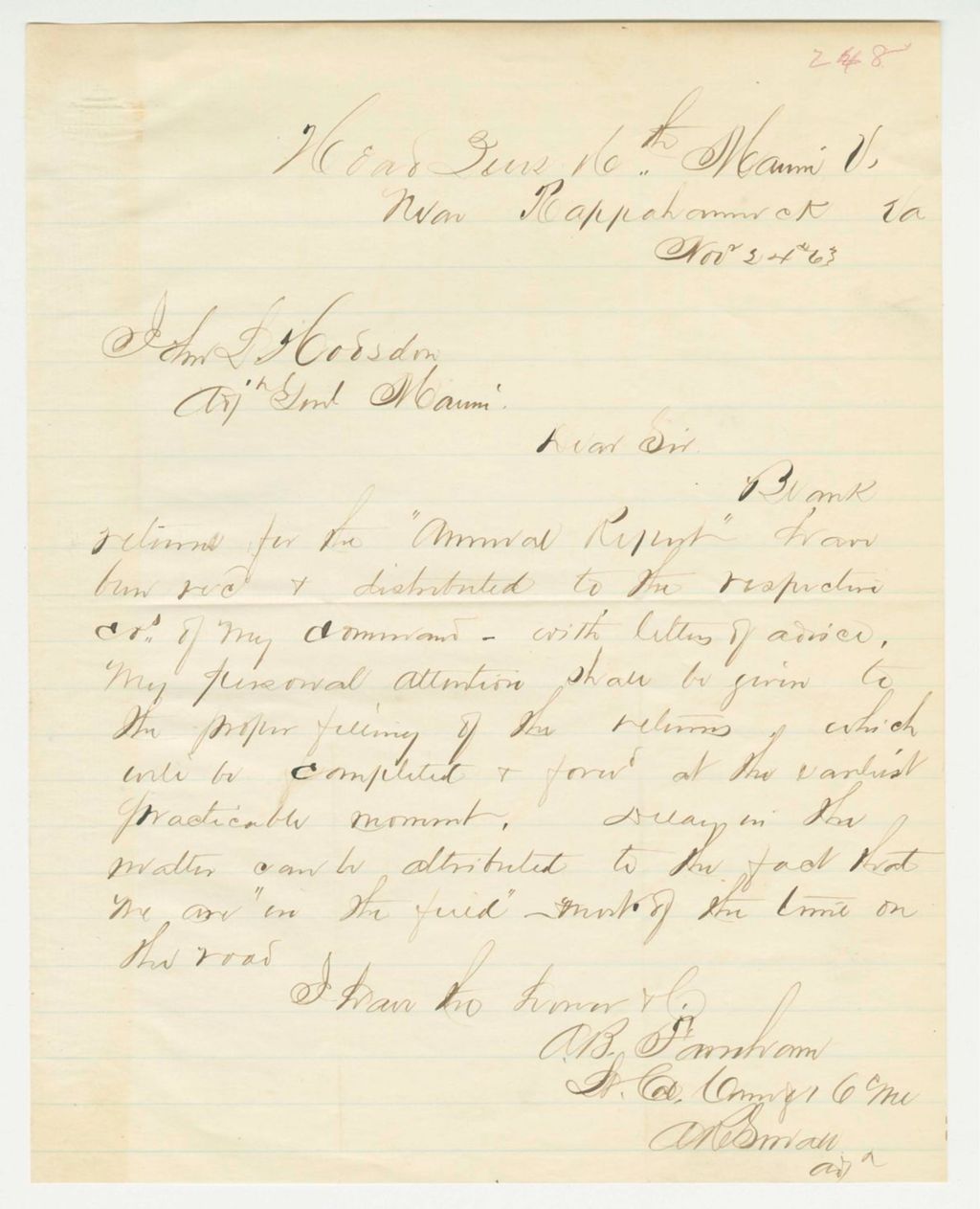 Miniature of Lt. Colonel Farnham writes regarding the annual report distribution to the companies