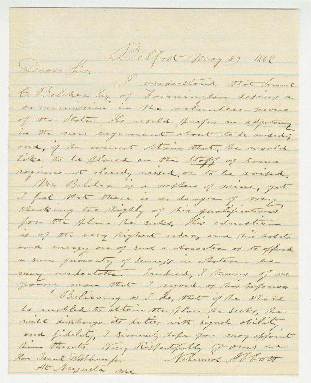 Miniature of Nehemiah Abbott recommends Samuel C. Belcher for commission in a new regiment