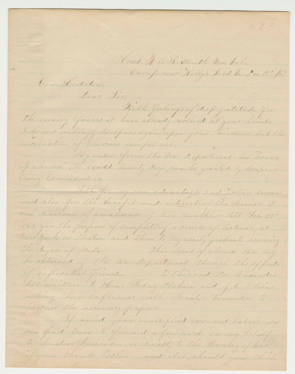 Miniature of Assistant Surgeon William Eaton requests 2 month leave of absence to obtain his medical degree