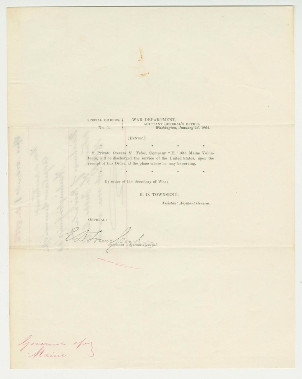 Miniature of Special Order 1 discharging Private Octavus H. Tubbs from service