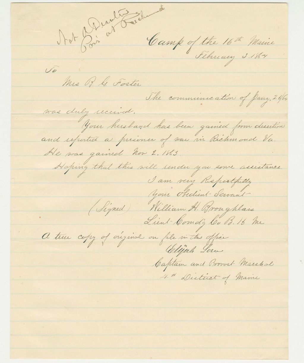 Miniature of Captain Elijah Low writes Mrs. Foster that her husband is a prisoner in Richmond