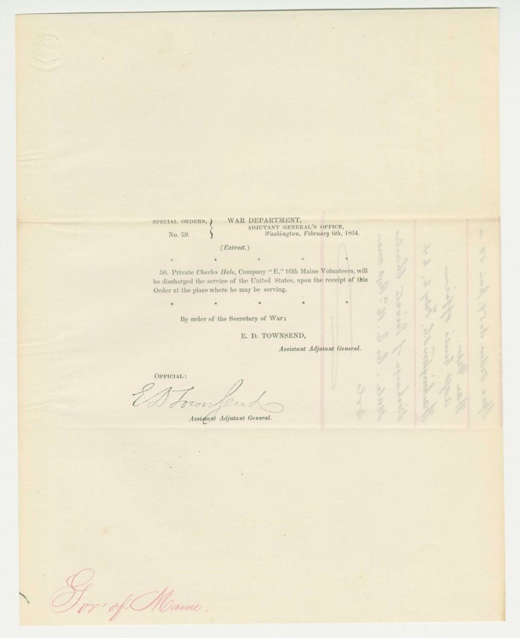 Miniature of Special Order 59 discharging Private Charles Hale of Company E