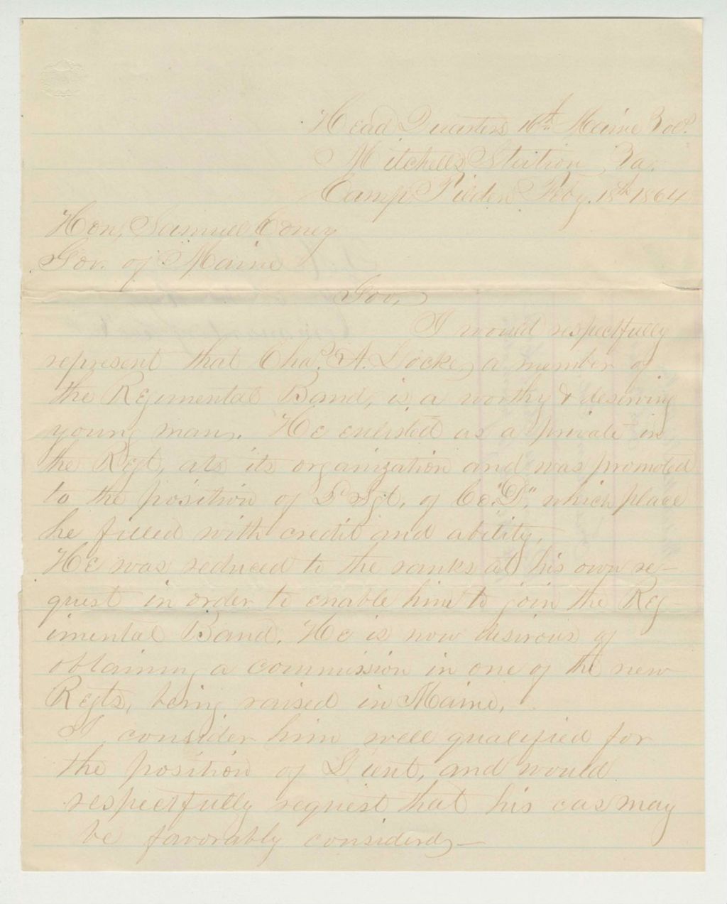 Miniature of Lieutenant Colonel Farnham recommends Charles Locke for promotion