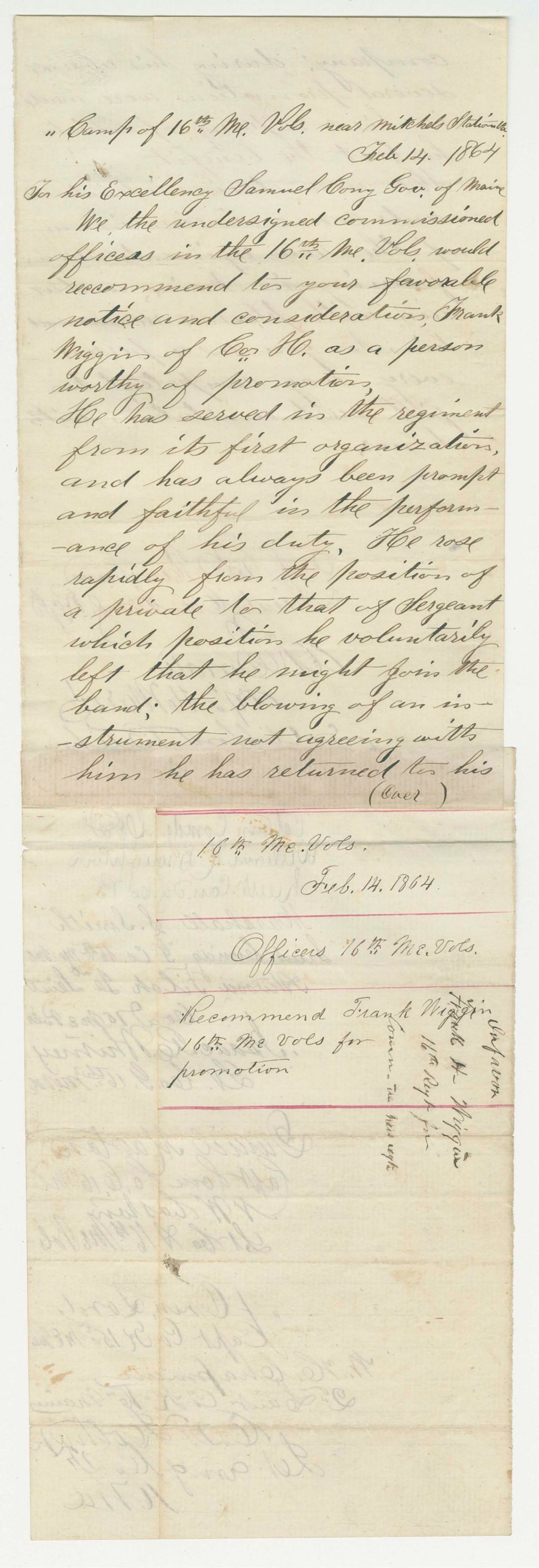 Miniature of Lt. Colonel A.B. Farnham and other officers recommend Frank Wiggin for promotion