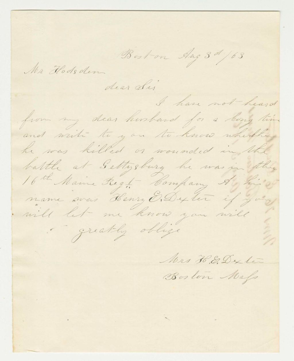 Miniature of Letter to Adjutant General Hodsdon from Mrs. Henry E. Dexter asking about missing husband