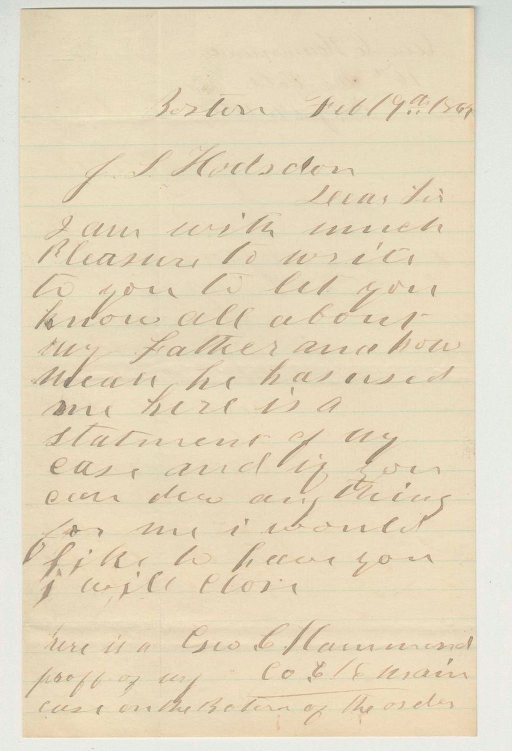 Miniature of George C. Hammond writes General Hodsdon regarding difficulty with his father