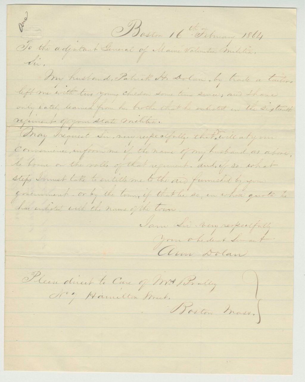 Miniature of Ann Dolan asks whereabouts of her husband Patrick, who did not tell her he joined the service
