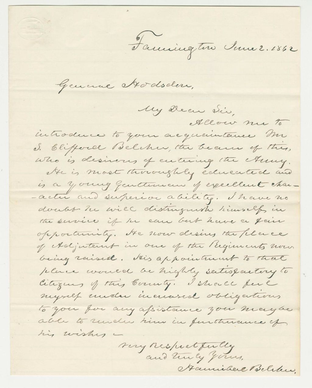 Miniature of Hannibal Belcher recommends Samuel Clifford Belcher to General Hodsdon