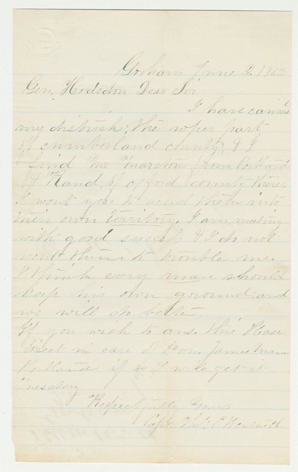 Miniature of Captain Thomas E. Wentworth requests other recruiters be sent to their own territories