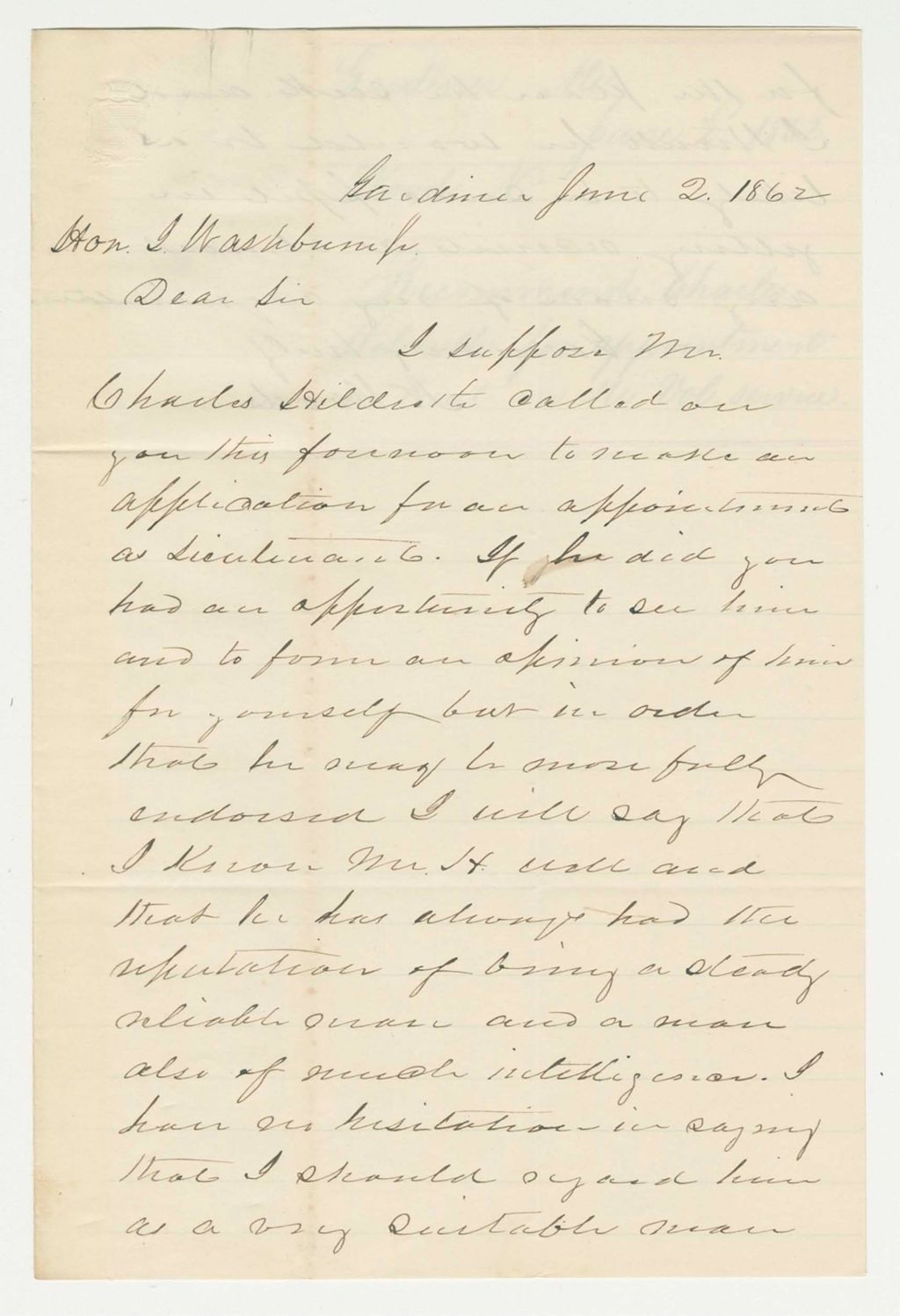 Miniature of N. Woods recommends Charles Hildreth for appointment as lieutenant