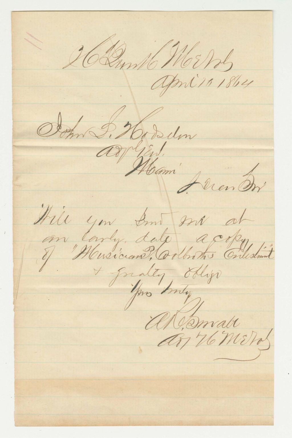 Miniature of A. Small requests a copy of Pelatiah Coolbroth's enlistment as musician