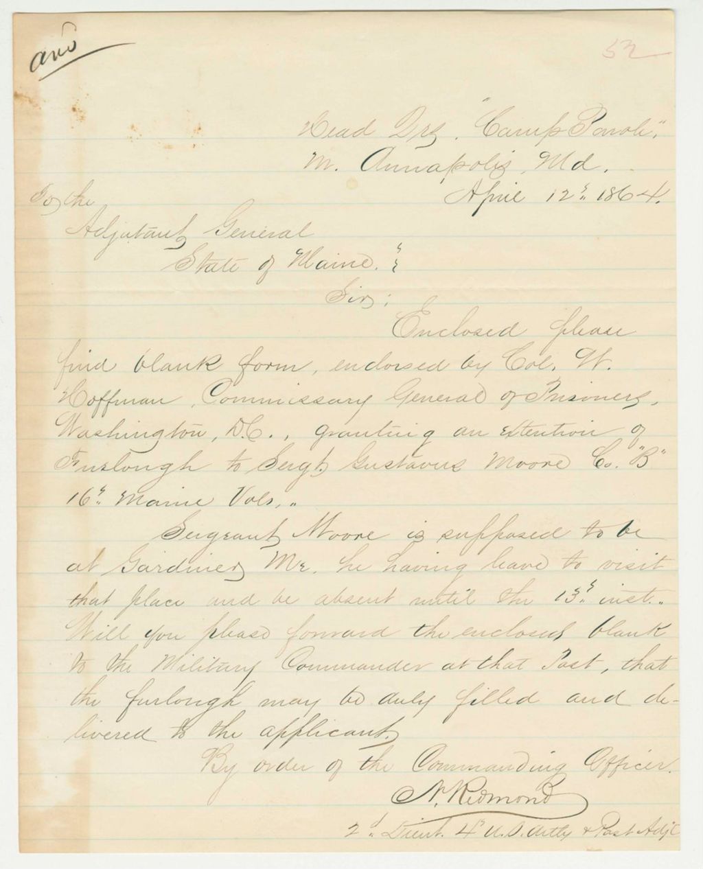 Miniature of Lieutenant N. Redmond forwards extension of furlough to Sergeant Gustavus Moore, Company B