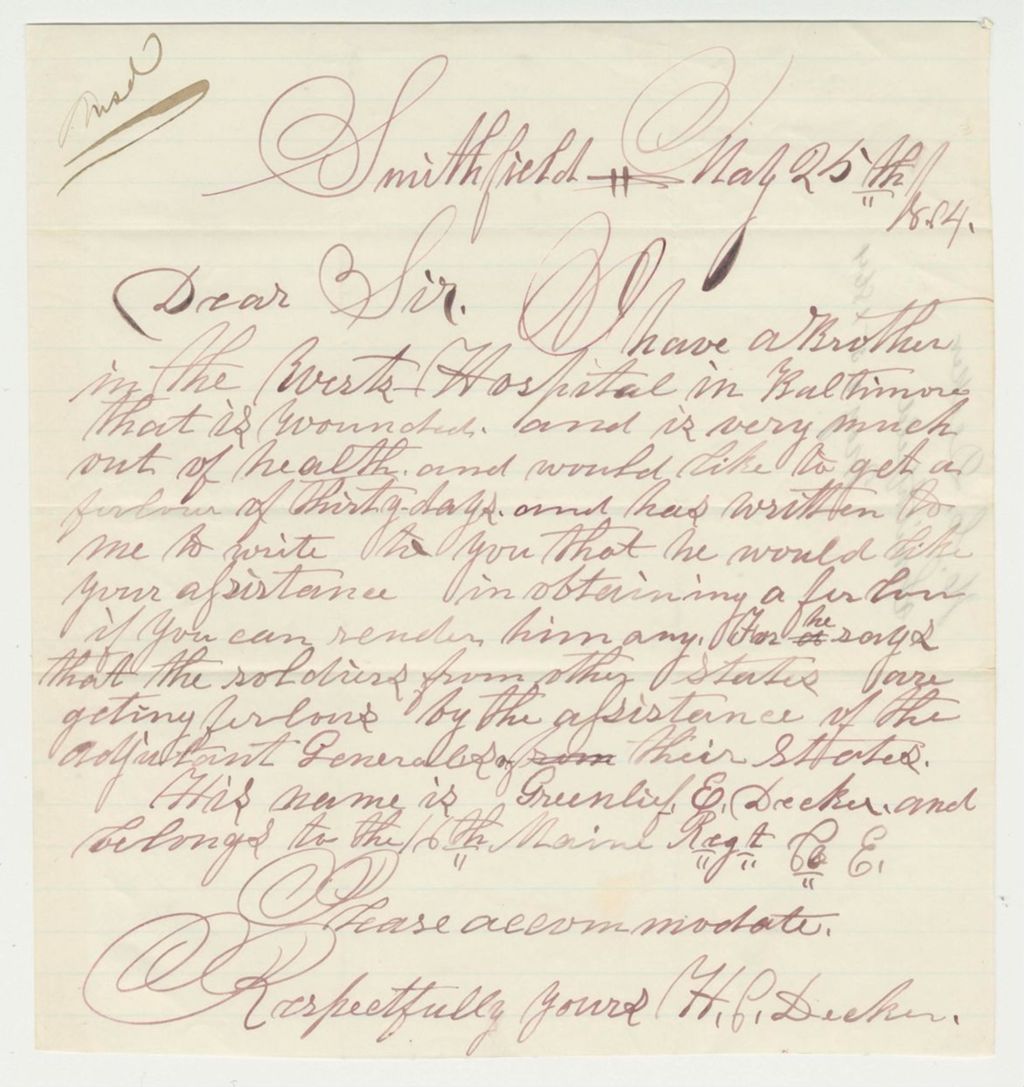 Miniature of H.C. Decker writes requesting a furlough for his wounded brother Greenlief E. Decker