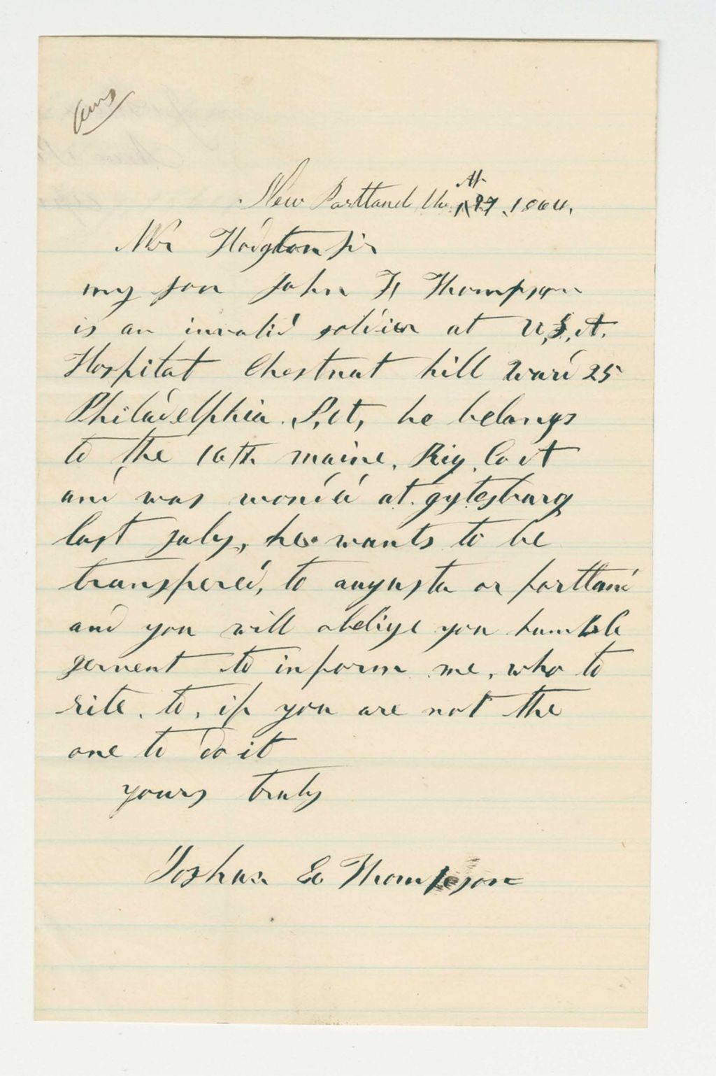 Miniature of Joshua E. Thompson requests that his son Joshua be transported to a Maine hospital