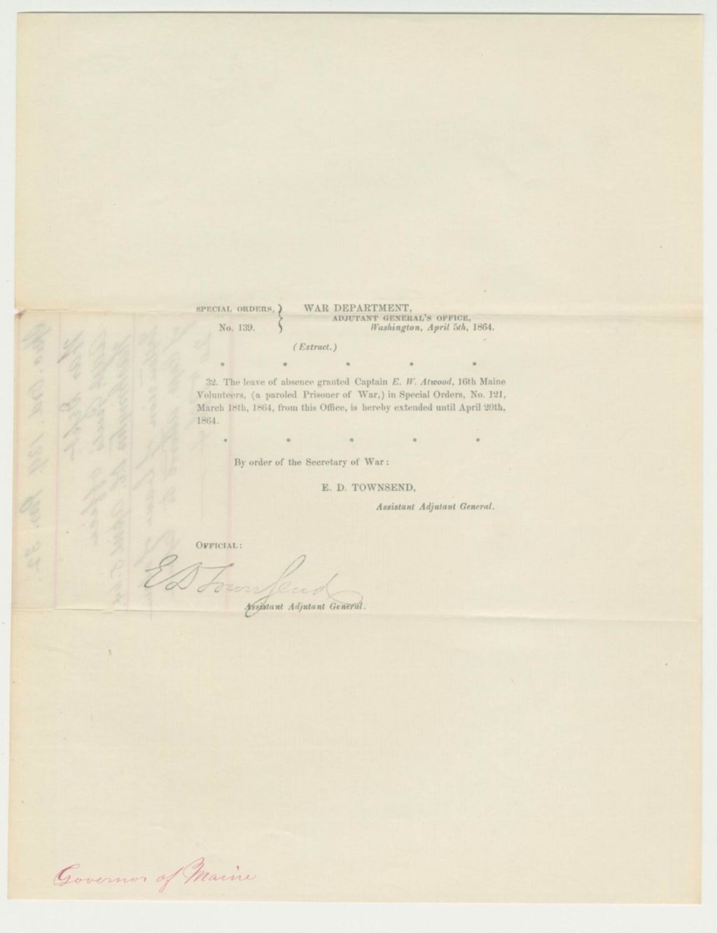 Miniature of Special Order 139 extending the leave of absence granted to Captain E.W. Atwood