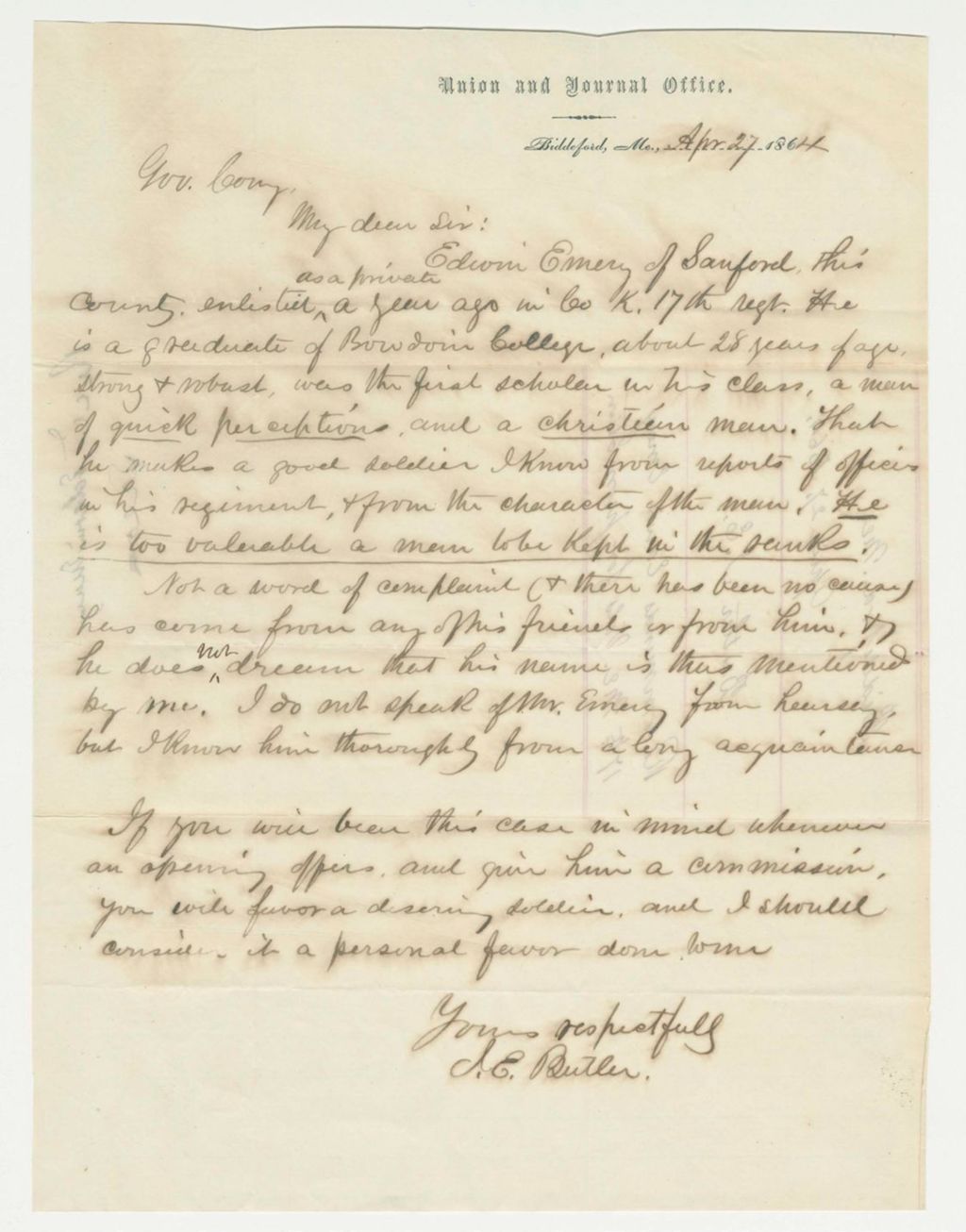 Miniature of I.E. Butler recommends Edwin Emery for a promotion