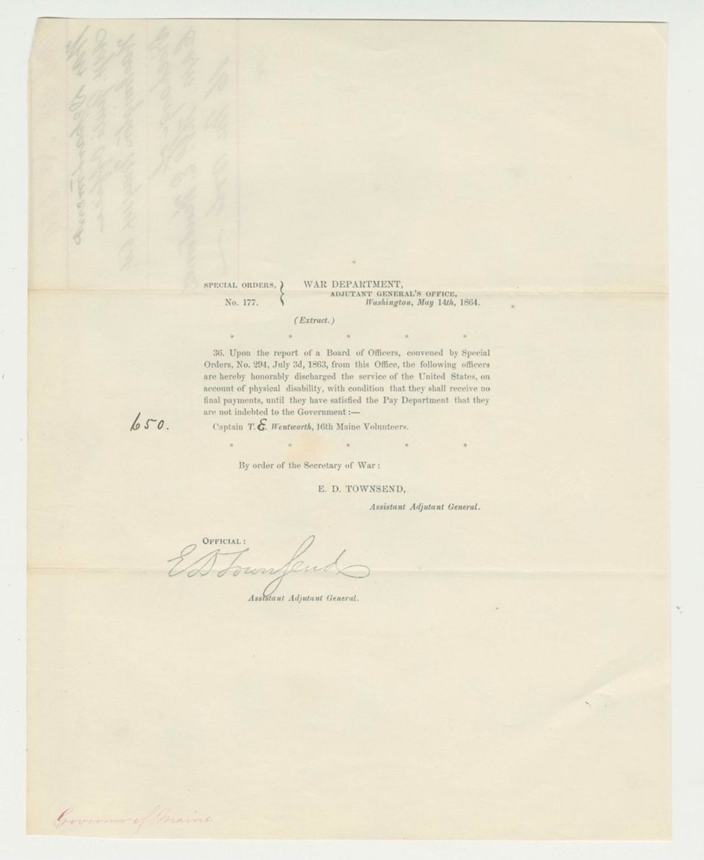 Miniature of Special Order 177 honorably discharging Captain T. E. Wentworth
