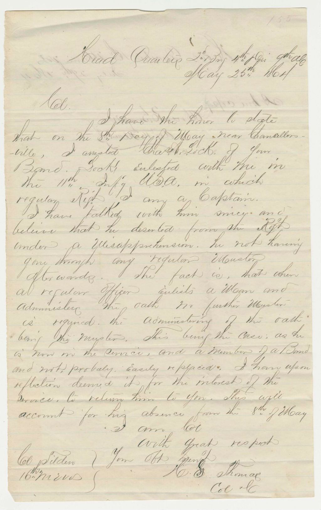 Miniature of Colonel Thomas writes Colonel Tilden stating that Captain C.A. Locke is not a deserter