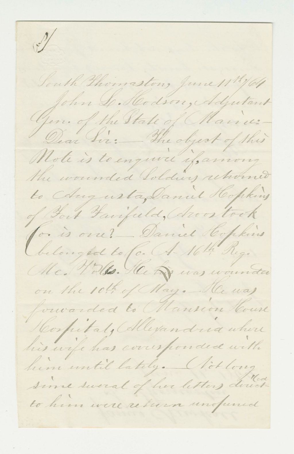 Miniature of James Newhall inquires about the welfare of Daniel Hopkins