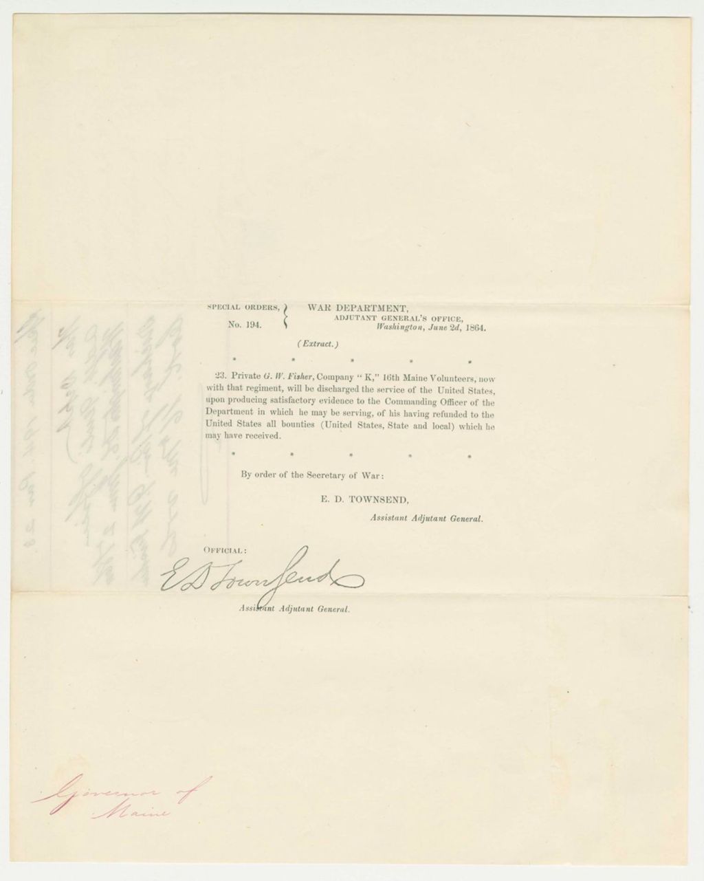 Miniature of Special Order 194 discharging Private G.W. Fisher of Company K