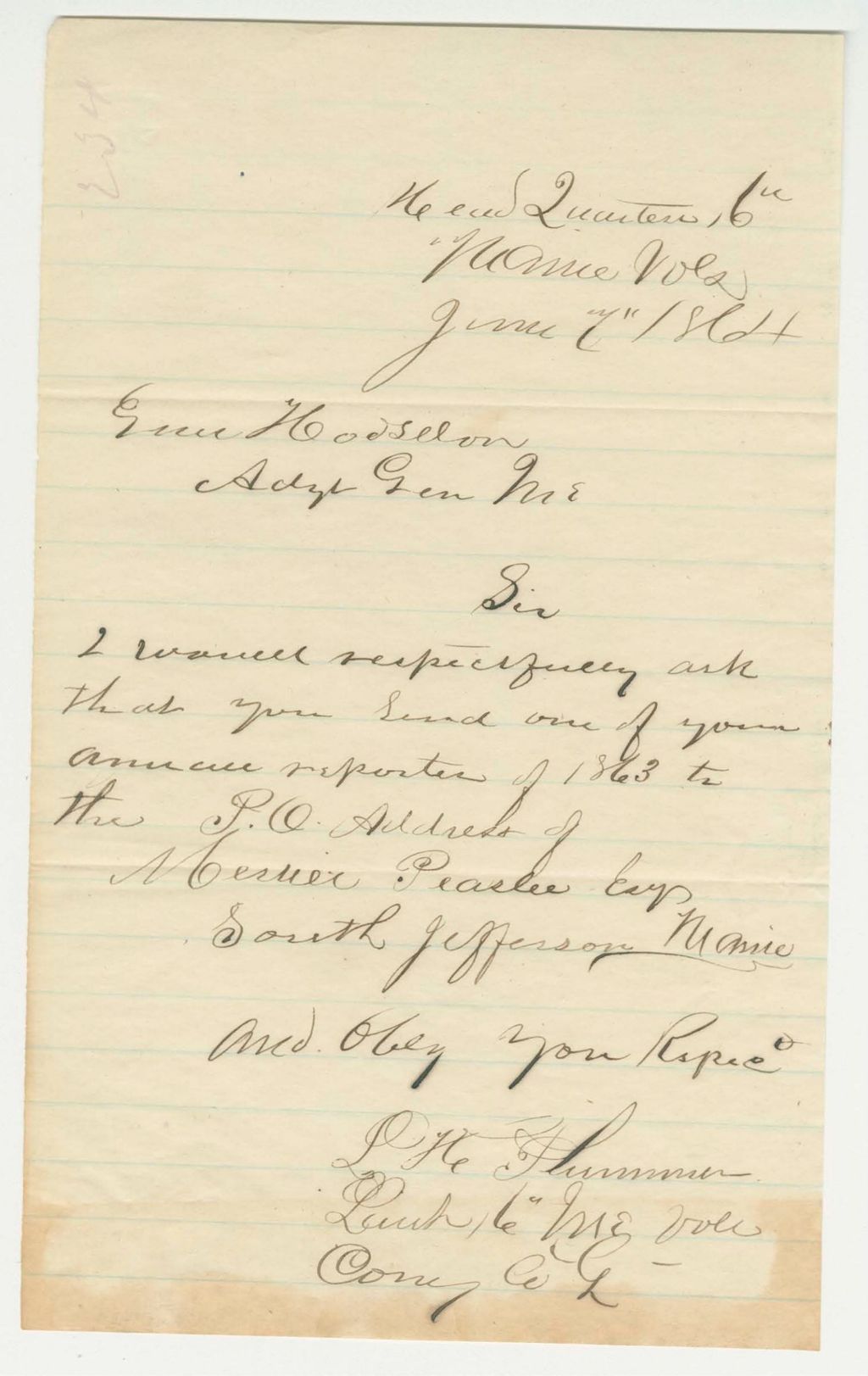 Miniature of Lieutenant L. H. Plummer requests a copy of the 1863 annual report