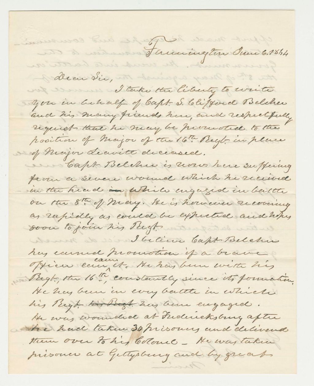 Miniature of Hannibal Belcher requests a promotion for Captain S. Clifford Belcher