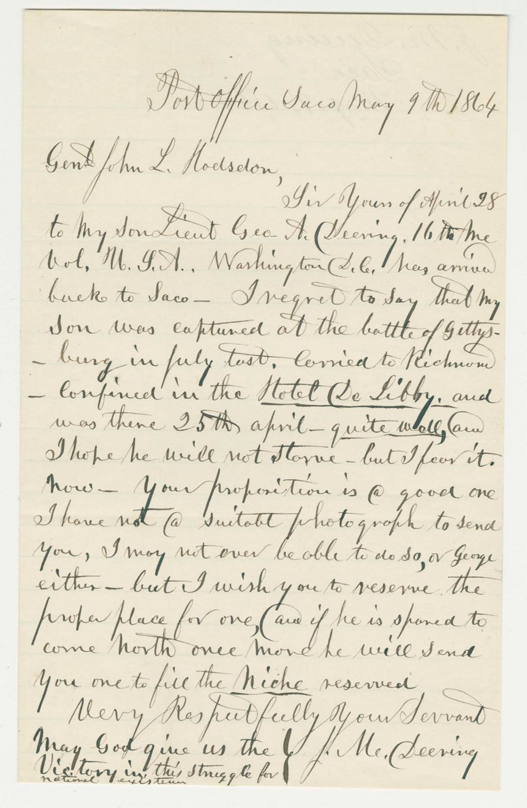 Miniature of J.M. Deering writes regarding his son George, captured at Gettysburg and imprisoned at Libby Prison