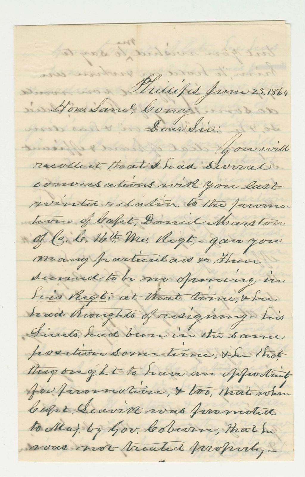 Miniature of W.H. Josselyn urges Governor Cony to promote Daniel Marston to Major