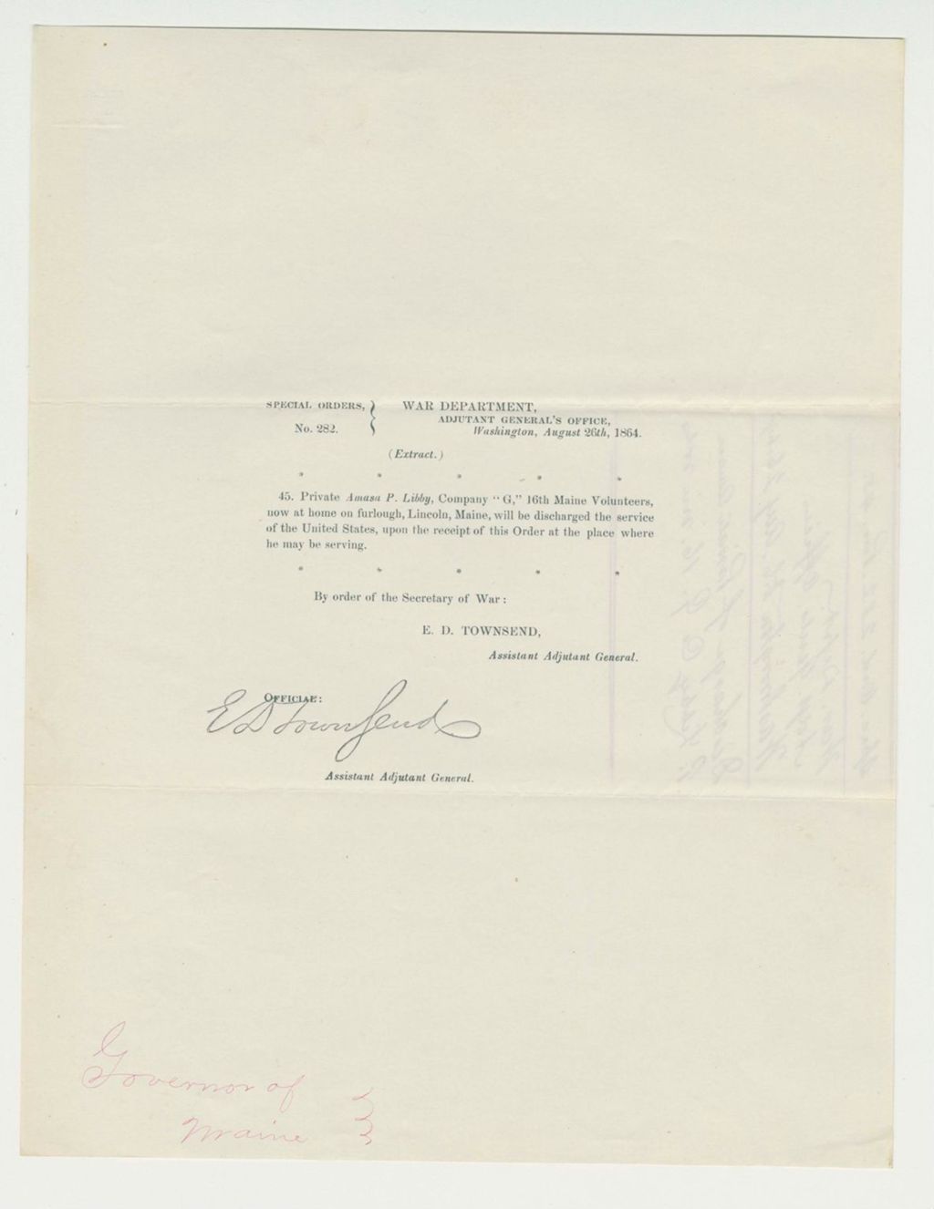 Miniature of Special Order 282 discharging Private Amasa P. Libby from service