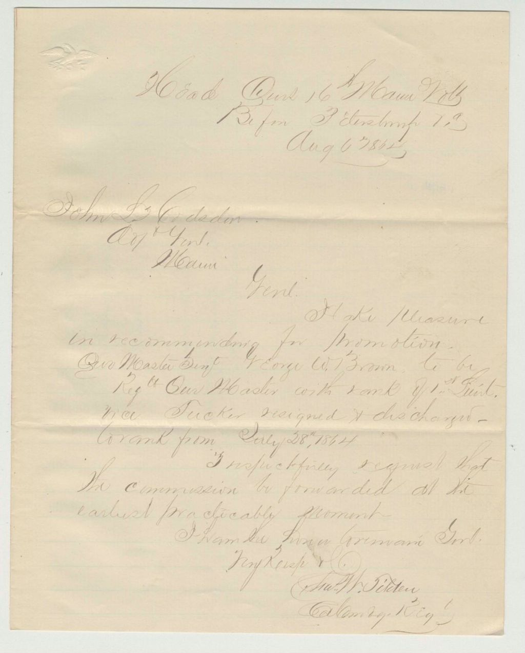 Miniature of Colonel Tilden recommends promotion of Quartermaster George Brown to 1st Lieutenant