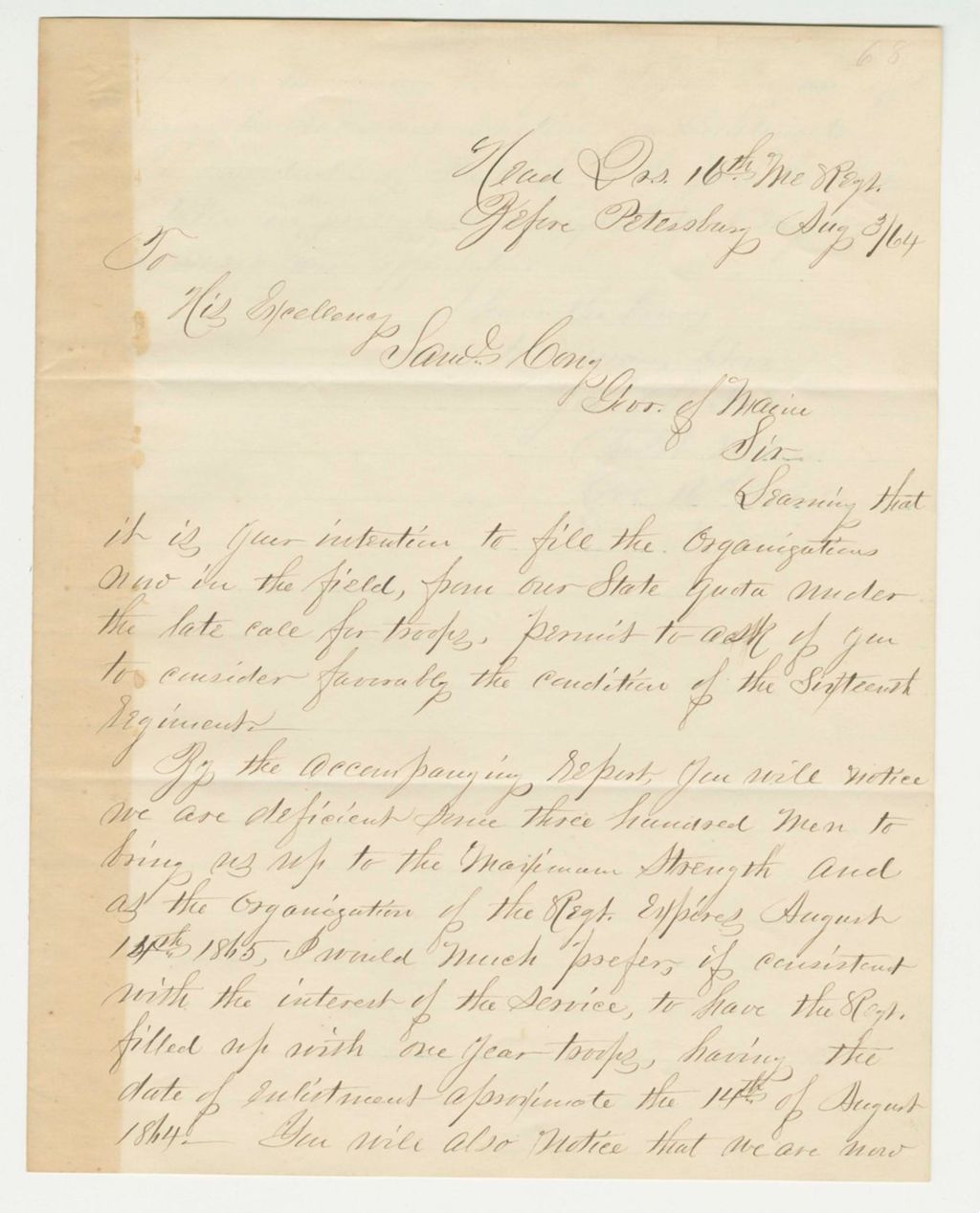 Miniature of Colonel Tilden requests the regiment be resupplied with 1-year troops