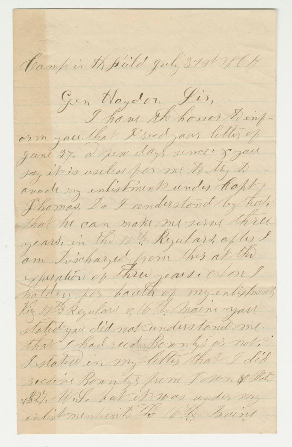 Miniature of Charles Locke of Company D writes Adjutant General Hodsdon regarding his bounty payment and enlistment term