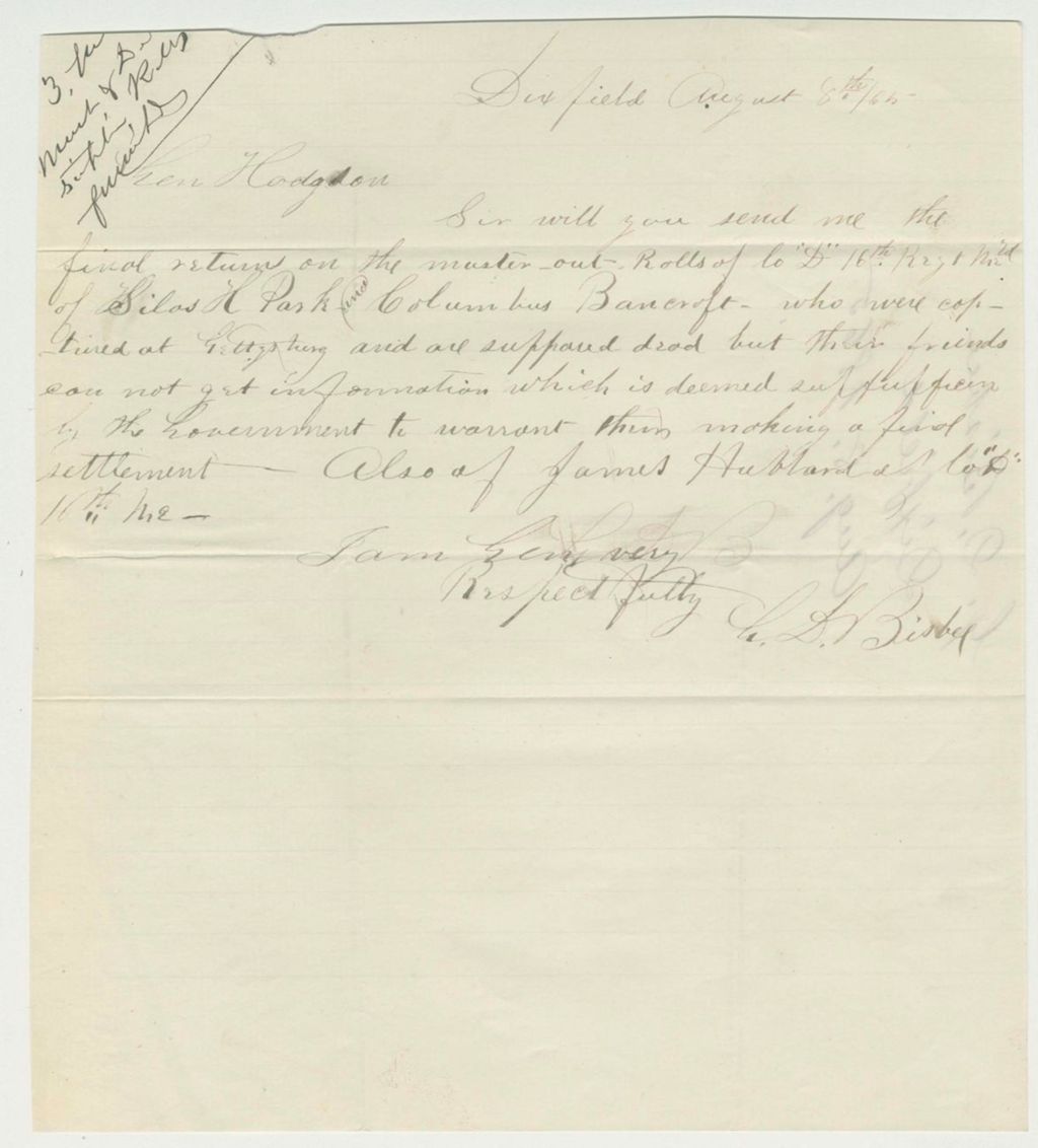 Miniature of G.D. Bisbee requests muster out rolls for  James Hubbard, Silas H. Park and Columbus Bancroft