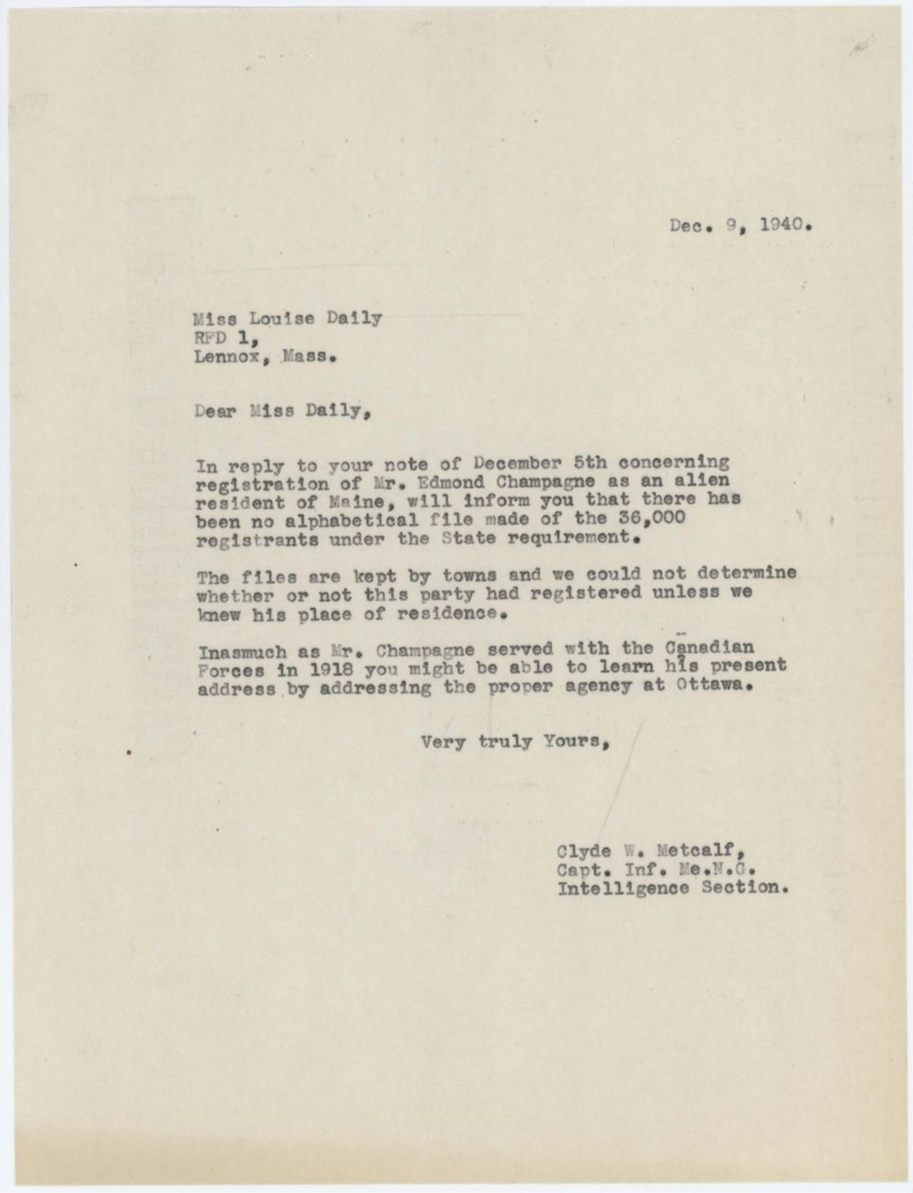 Miniature of Response_to_Louise_Daily_letter_RE_Edmond_Champagne_9_Dec_1940