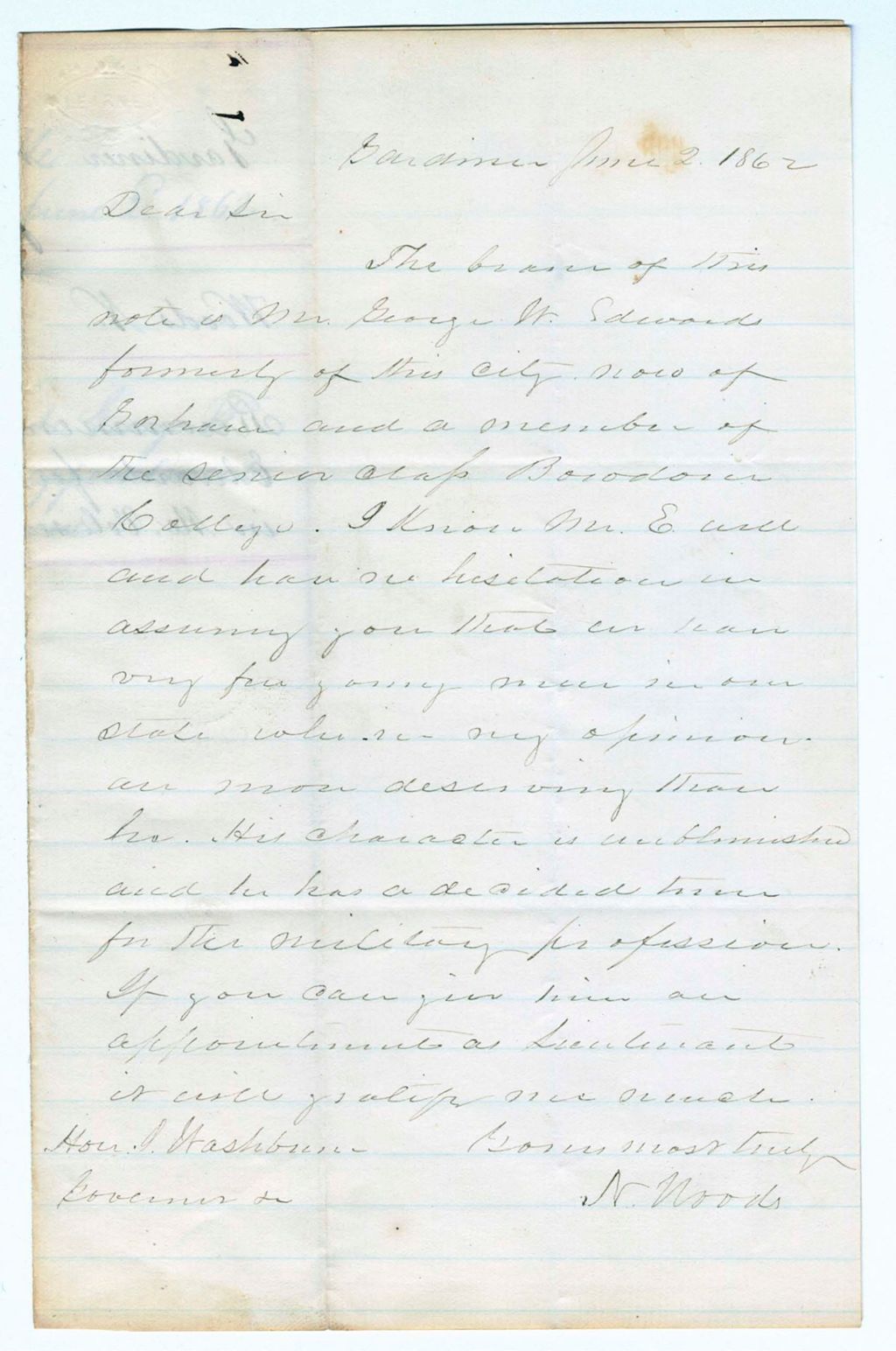 Miniature of N. Woods recommends George W. Edwards for appointment