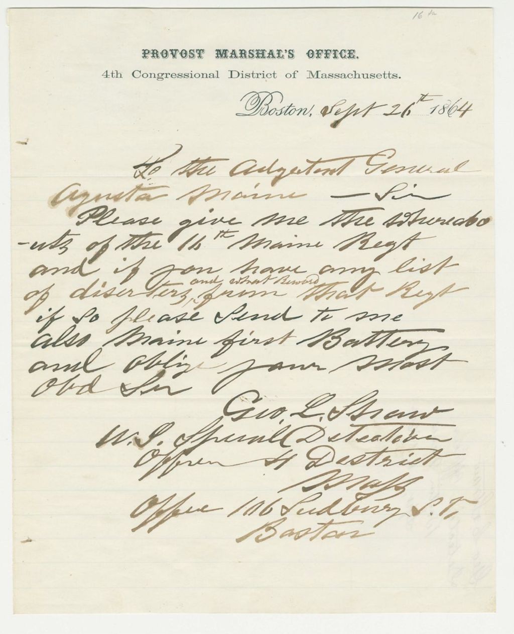 Miniature of Detective Officer George L. Straw requests list of deserters