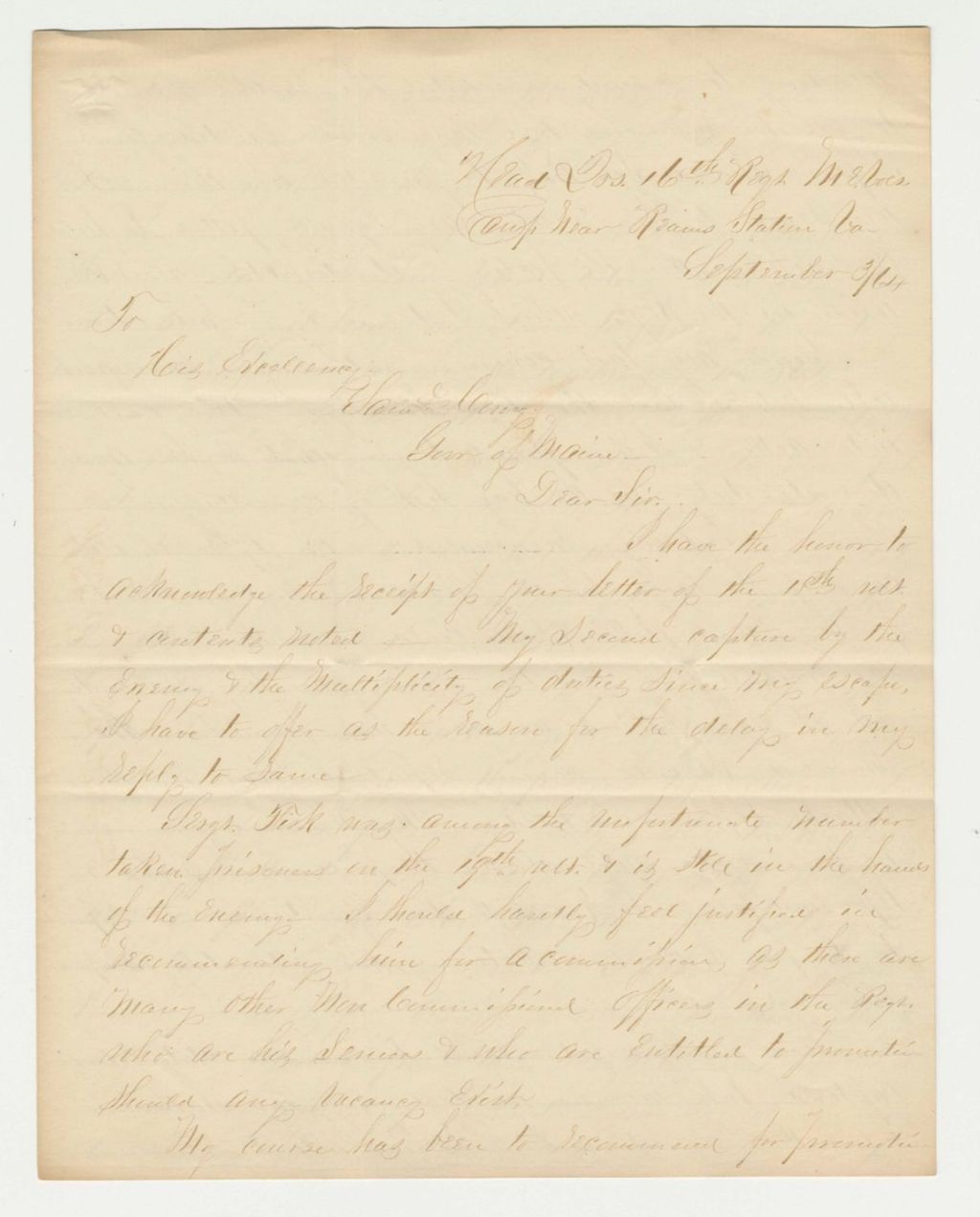 Miniature of Colonel Tilden writes Governor Cony about his capture and regimental activities