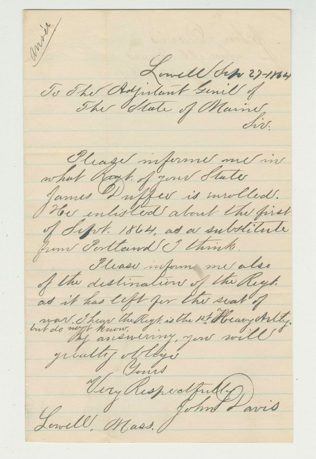 Miniature of John Davis requests information about James Duffer's assigned regiment