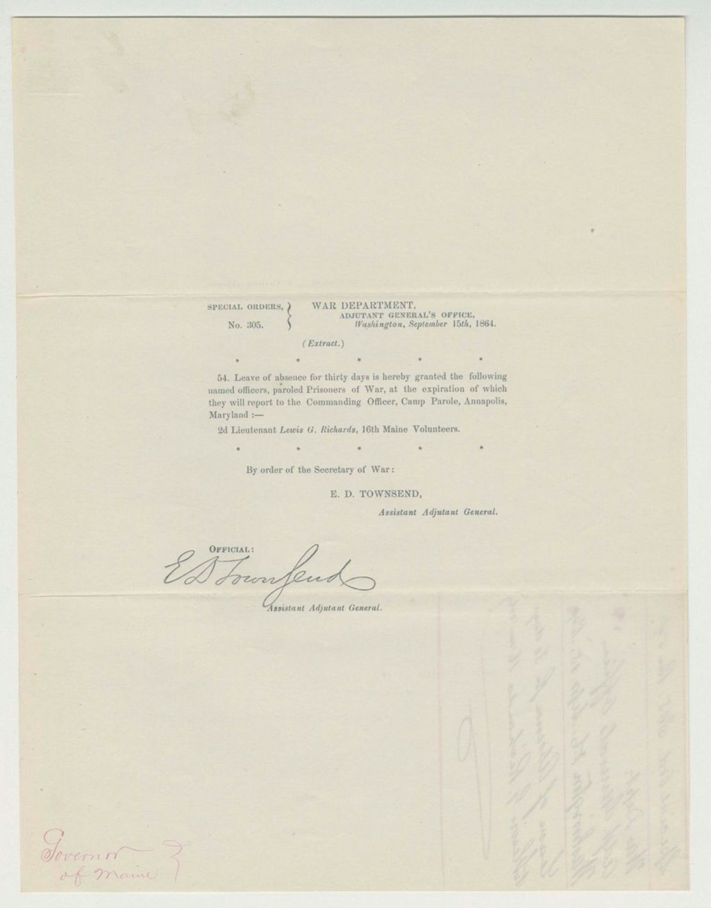 Miniature of Special Order 305 granting a 30-day furlough to Lieutenant Lewis G. Richards