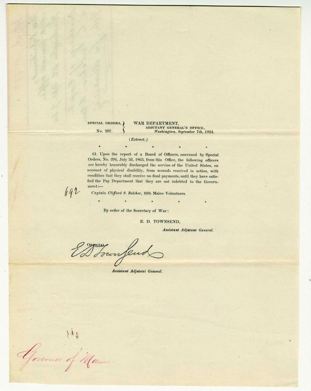 Miniature of Special Order 297 honorably discharging Captain Clifford S. Belcher from service