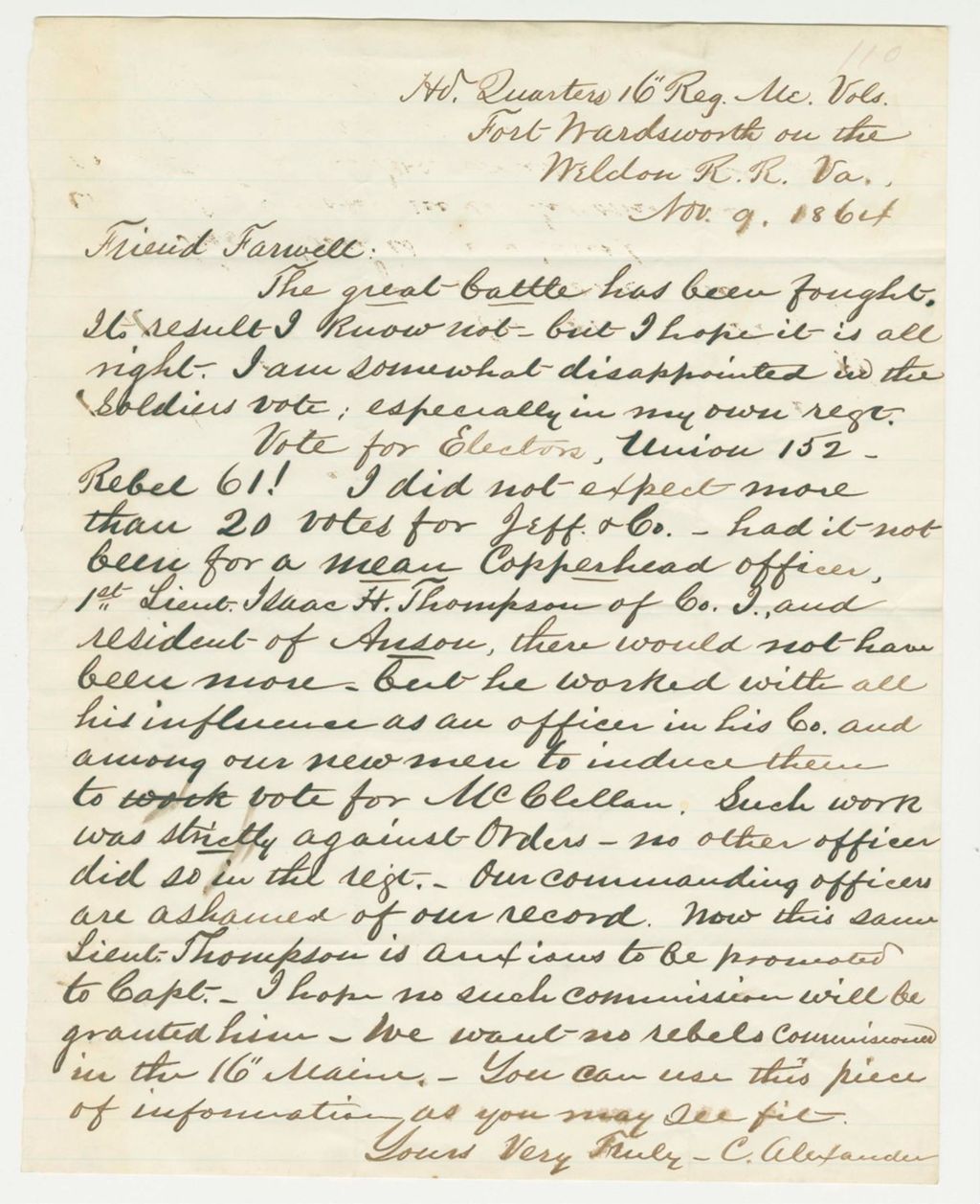 Miniature of C. Alexander writes Mr. Farwell concerning elections in the regiment