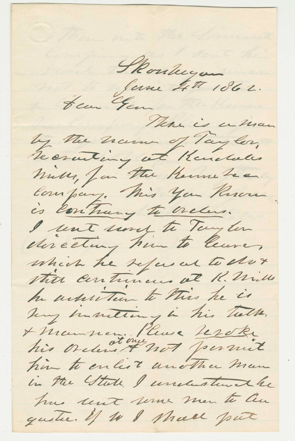 Miniature of Asa W. Wildes regarding Mr. Taylor recruiting against orders