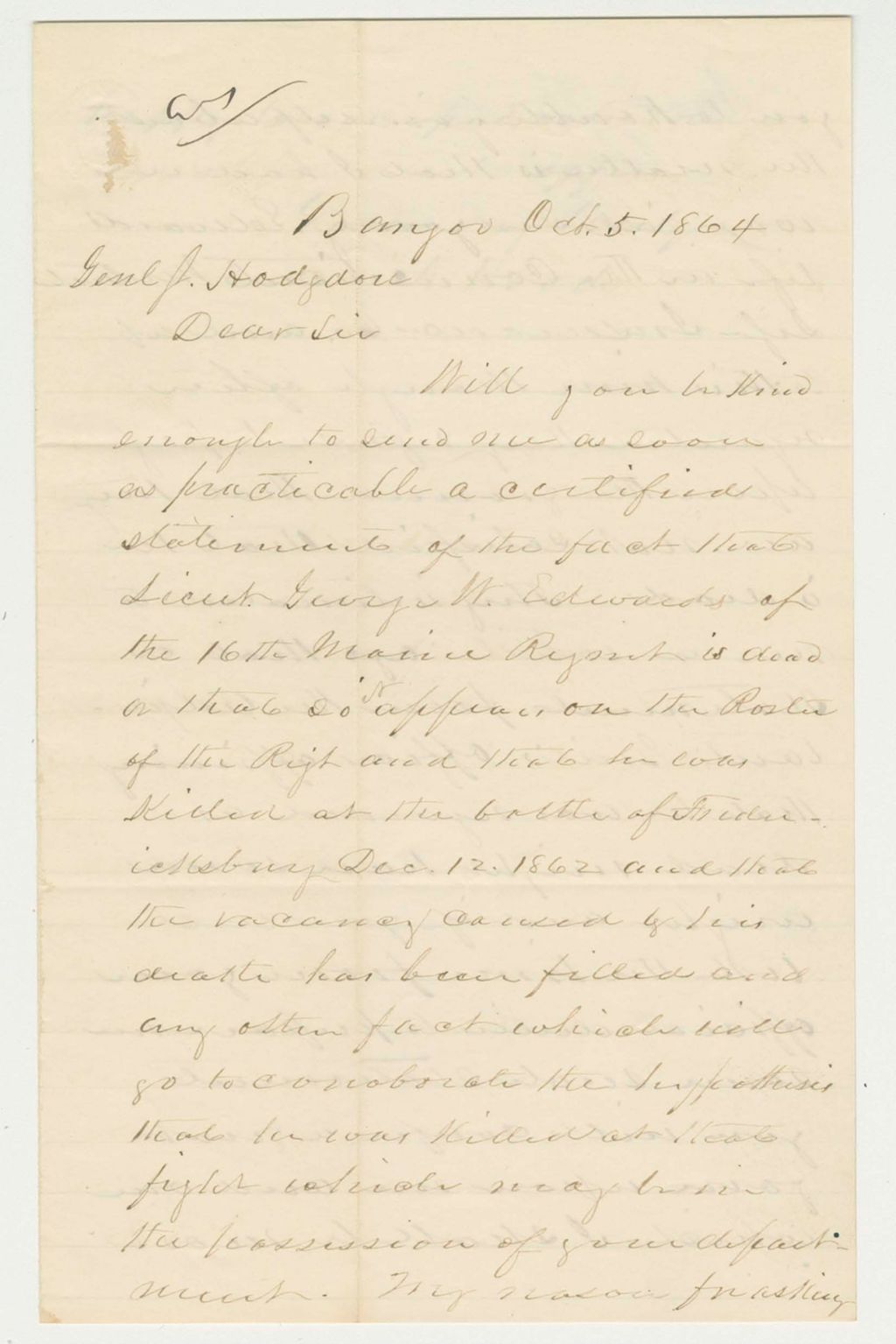 Miniature of Noah Woods requests certification that Lieutenant George W. Edwards is dead