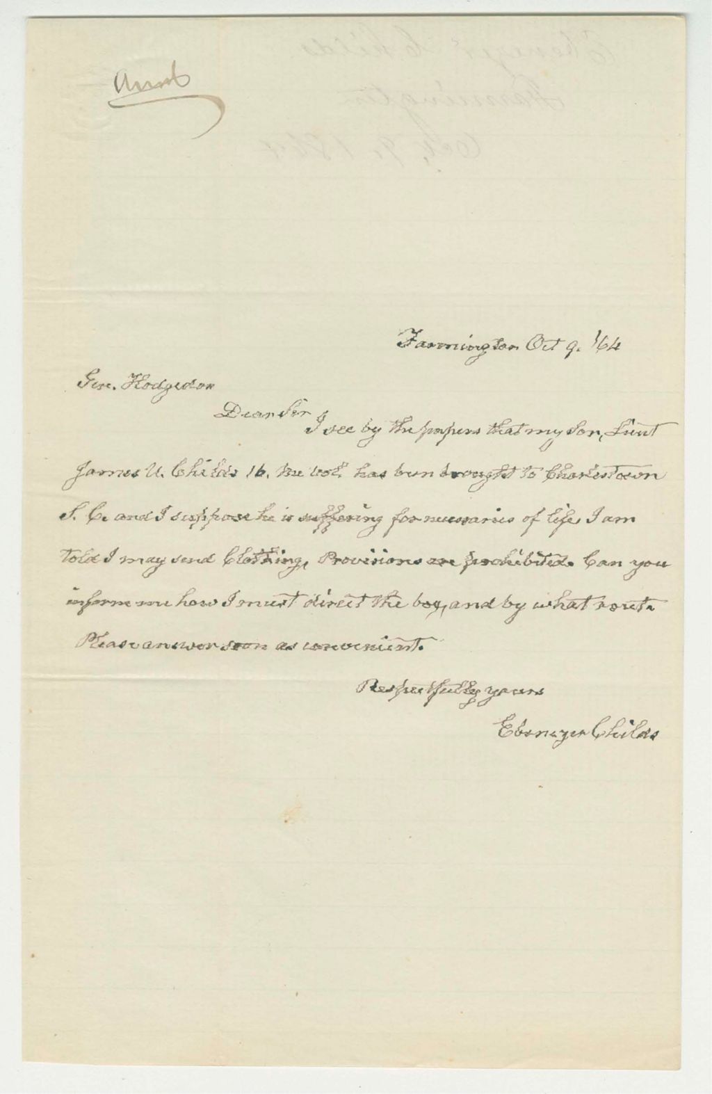 Miniature of Ebenezer Childs asks what provisions he may send his son James