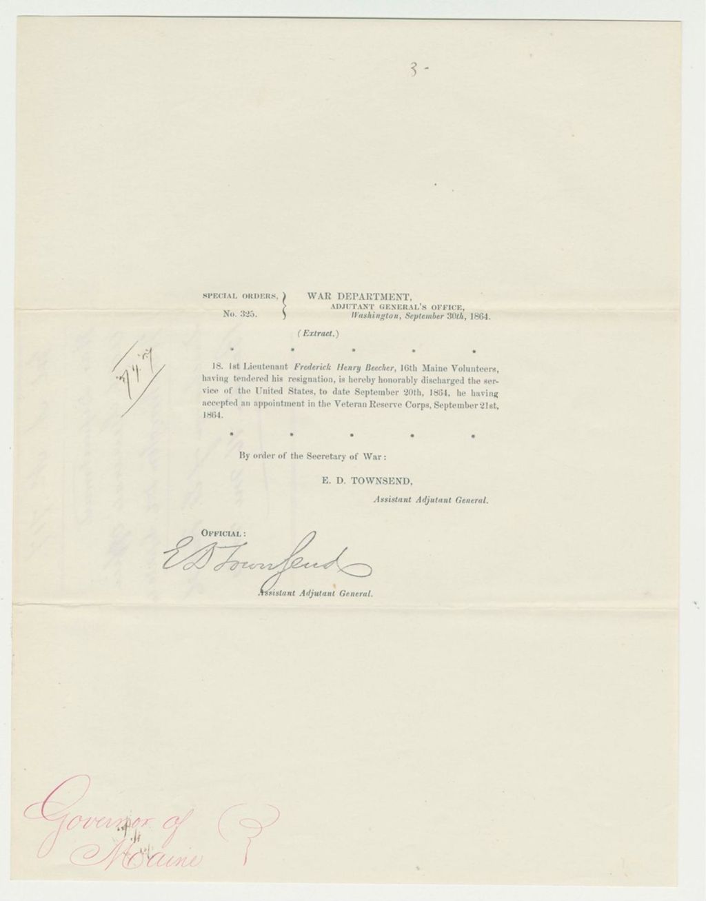 Miniature of Special Order 325 honorably discharging Lieutenant Frederick Henry Beecher from service