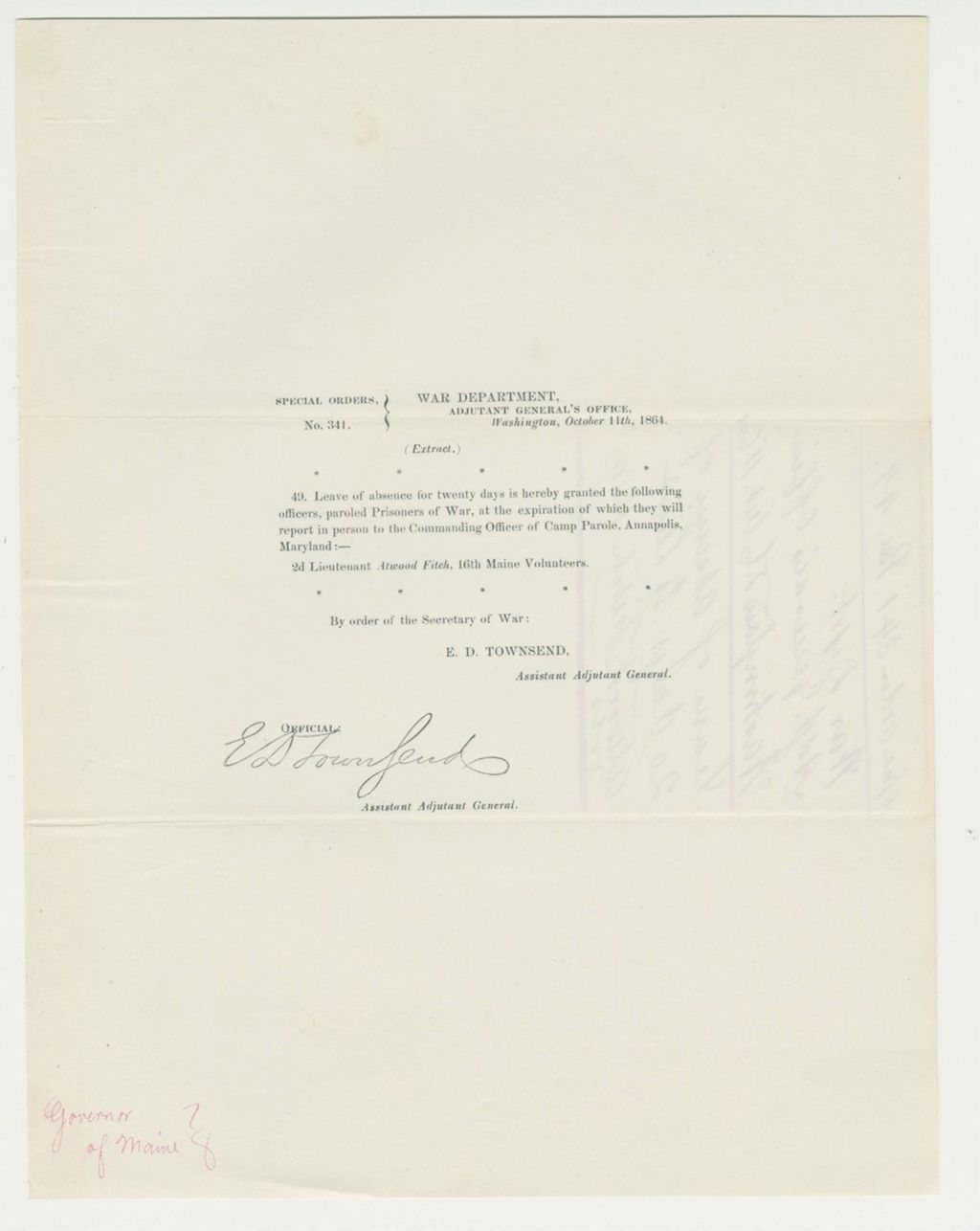 Miniature of Special Order 341 granting a leave of absence to 2nd Lieutenant Atwood Fitch