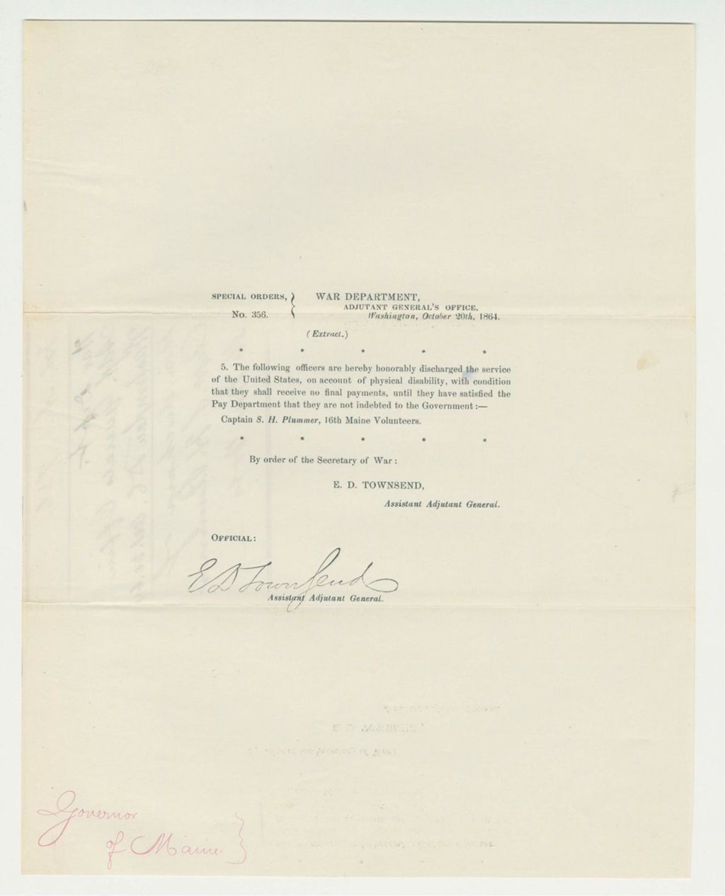 Miniature of Special Order 356 honorably discharging Captain S.H. Plummer from service